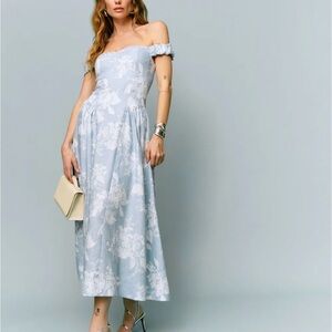 Reformation Strapless  Linen Light Blue Floral Dress